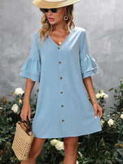 V-Neck Mini Dress – Ruffled Detail & Decorative Buttons