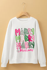 Beige MERRY Christmas Heat Transfer Printing Drop Shoulder Pullover Sweatshirt