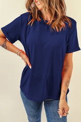 Blue Solid Color Basic Crew Neck Plain Tee