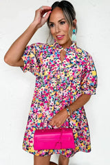 Pink Floral Puff Short Sleeve V Neck Mini Dress - Femstylo
