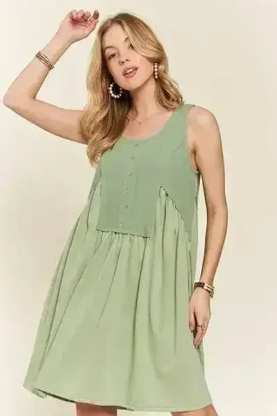 ADORA Decorative Button Sleeveless Babydoll Dress - Femstylo