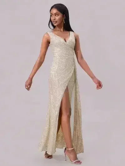 Slit Sequin Surplice Sleeveless Maxi Dress - Femstylo