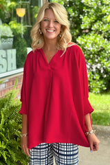 Fiery Red Solid Color Collared Loose Tunic Top