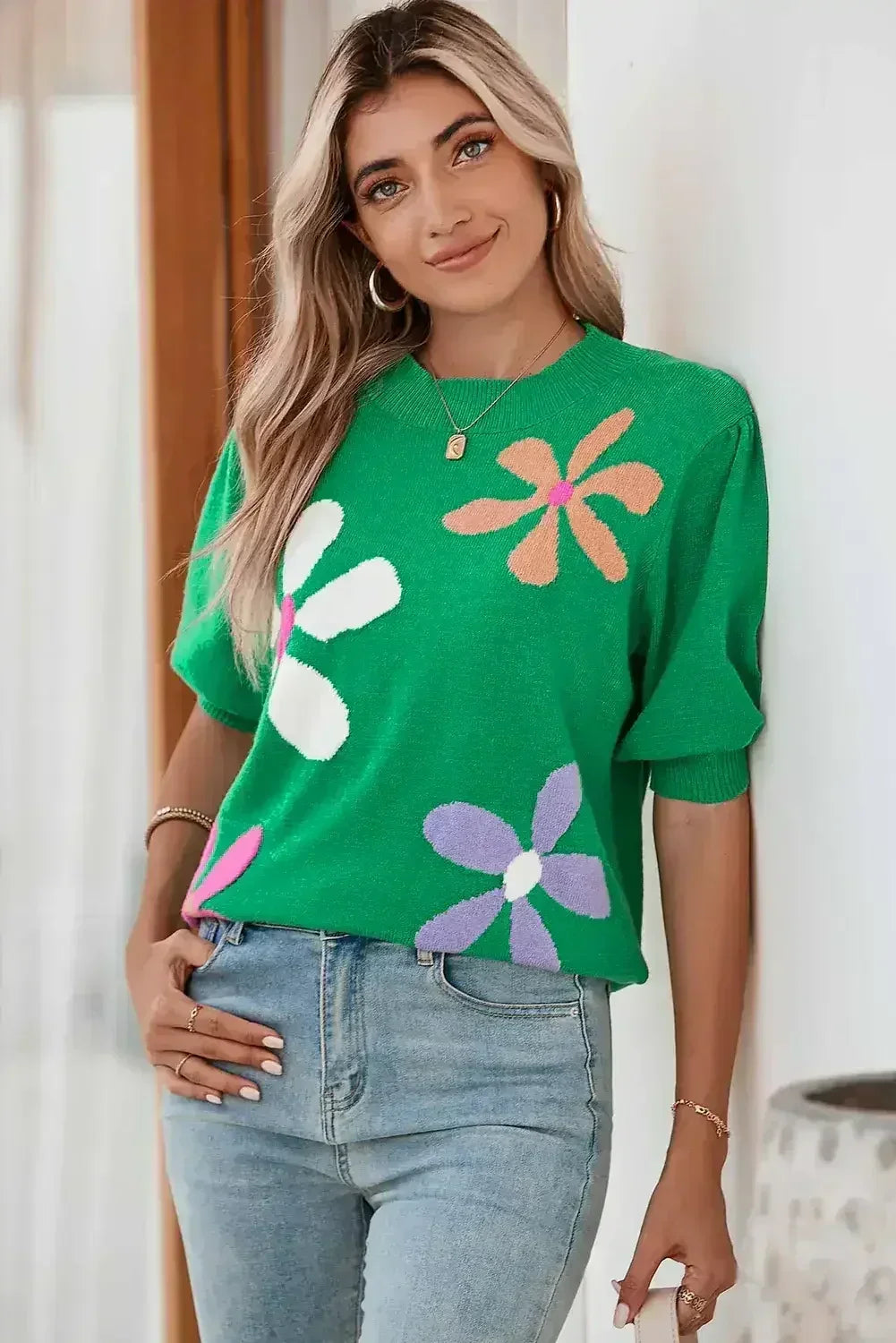 Bright Green 60s Floral Bubble Short Sleeve Knitted Top - Femstylo