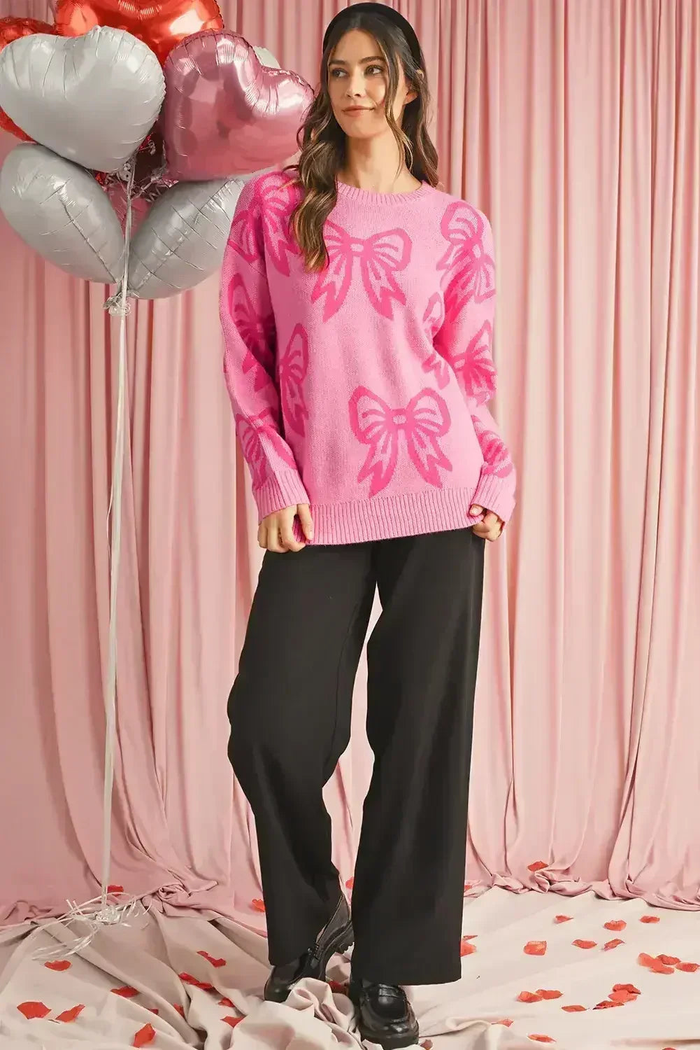 Pink Bow Pattern Drop Sleeve Loose Sweater - Femstylo
