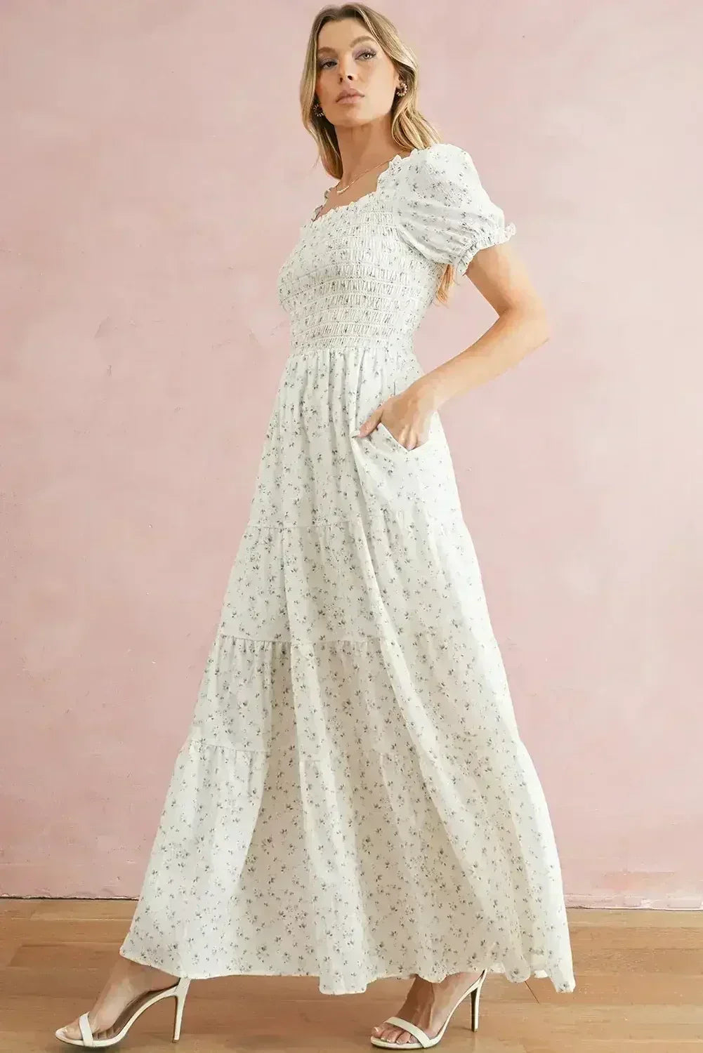 White Frill Neckline Shirred Bodice Floral Maxi Dress - Femstylo