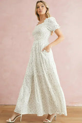 White Frill Neckline Shirred Bodice Floral Maxi Dress - Femstylo
