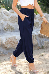 Navy Blue Shirred Smocked High Waist Joggers