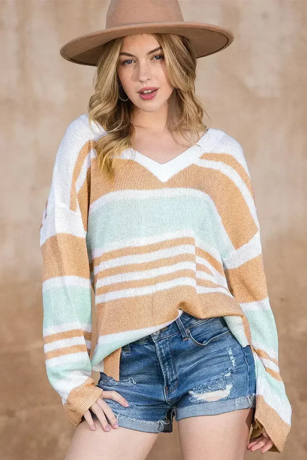 Multicolor Colorblock Stripe V Neck Split Sweater - Femstylo