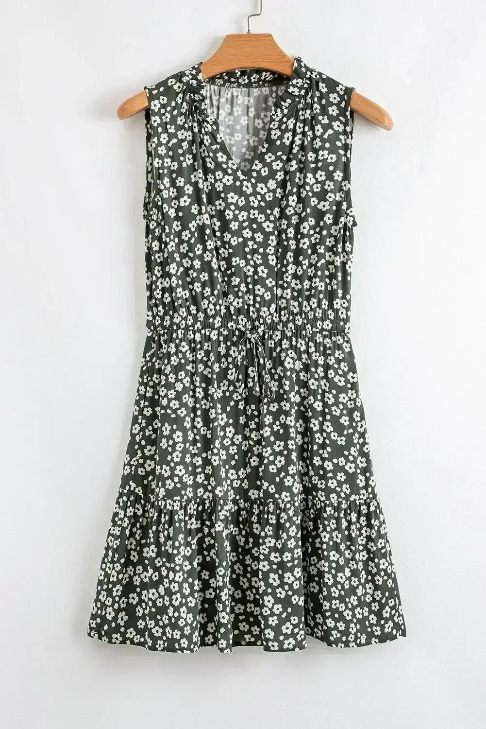 Green Boho Floral Print V Neck Knot Waist Sleeveless Dress - Femstylo