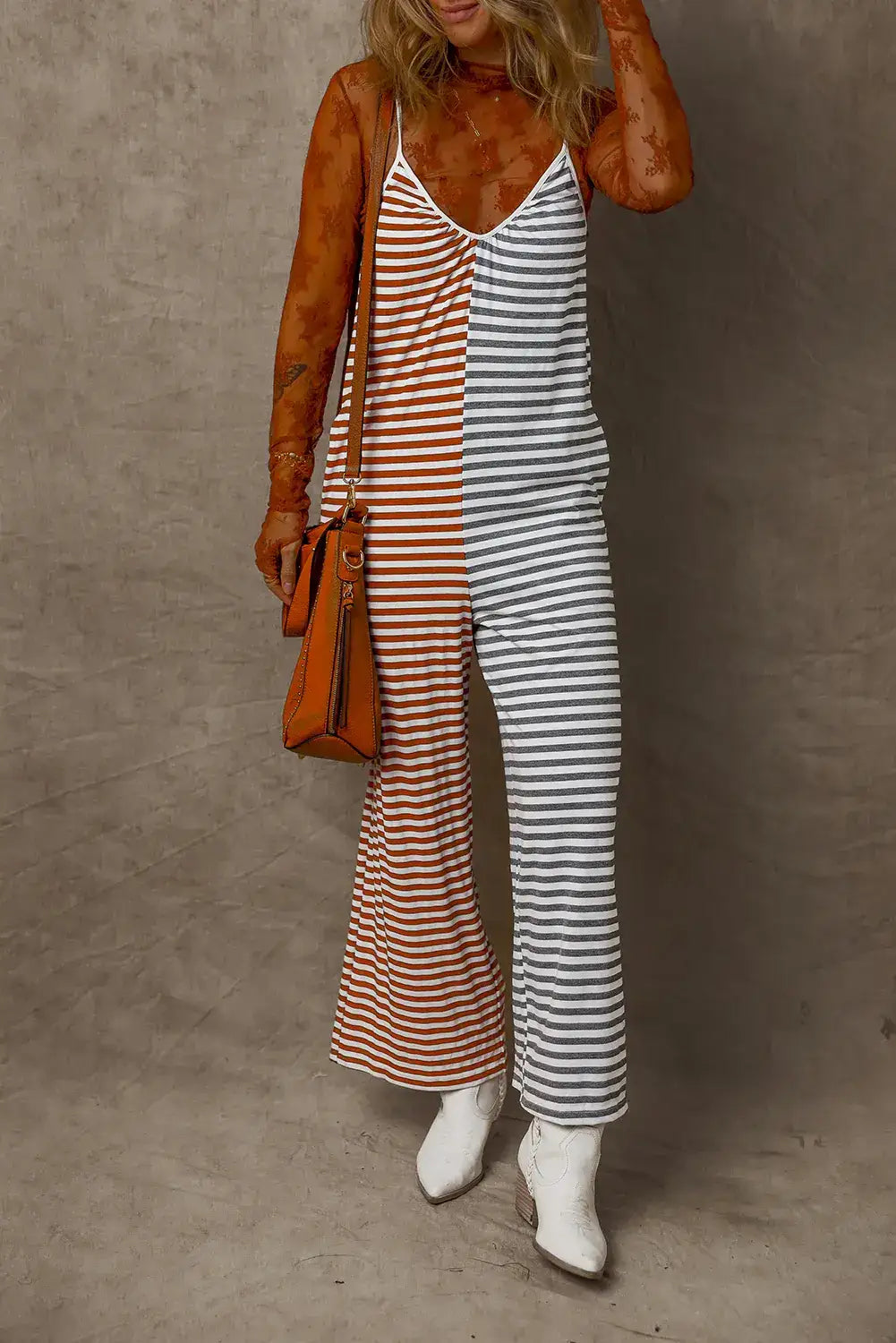 Yellow Stripe Color Block Spaghetti Strap Backless Overall