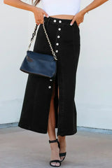 Black Button Fly Side Split High Waist Denim Midi Skirt - Femstylo