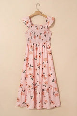 Pink Floral V Neck Smocked High Waist Ruffle Hem Maxi Dress - Femstylo