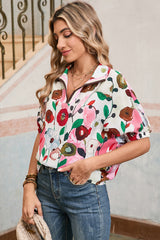 Pink Floral Print Boho Pop of Color Neckline Blouse