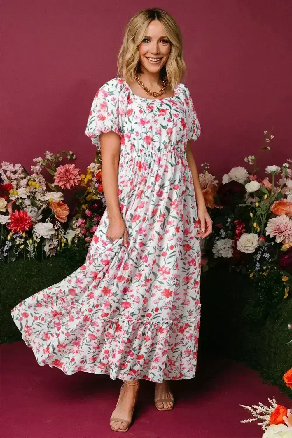 Pink Floral Puff Sleeve Square Neck Empire Waist Tiered Maxi Dress - Femstylo