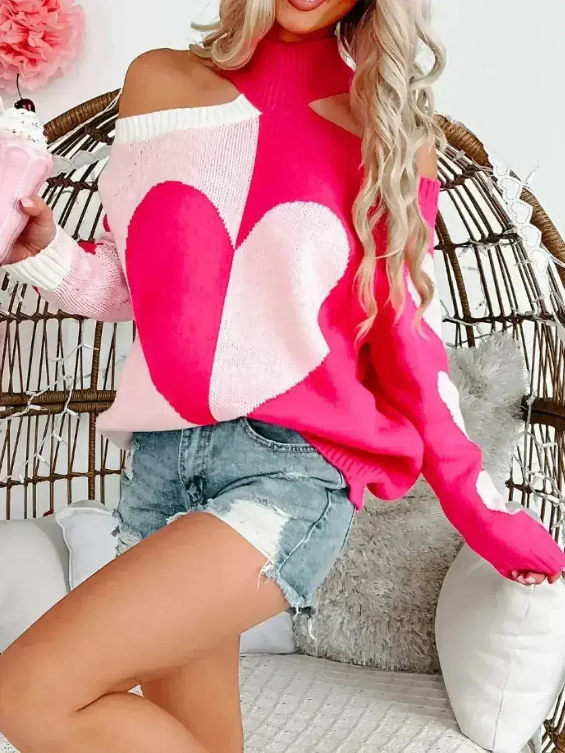 Valentine's Day Heart Turtleneck Cold Shoulder Sweater - Femstylo