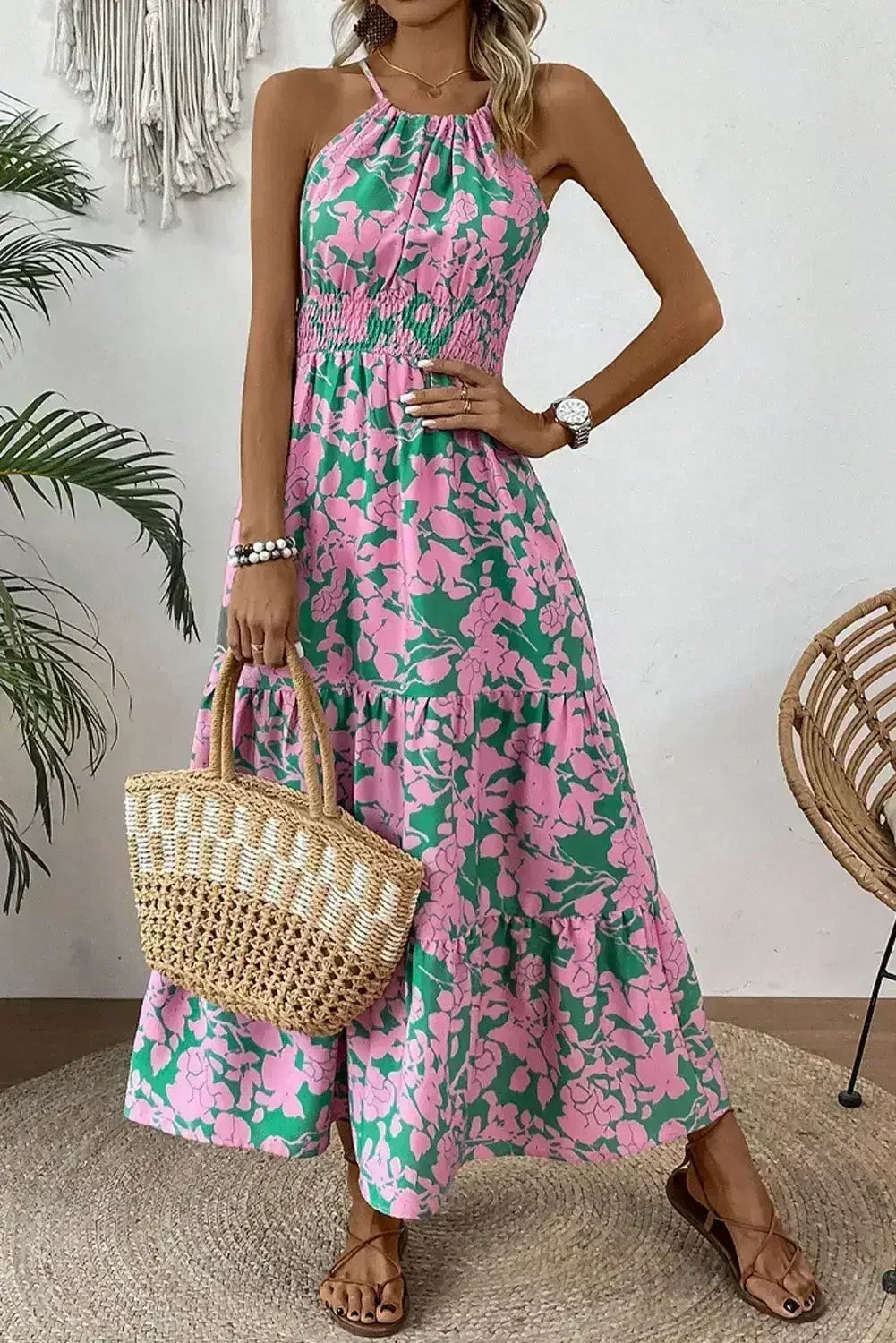 Pink Floral Shirred High Waist Tiered Halter Dress - Femstylo
