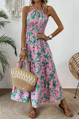 Pink Floral Shirred High Waist Tiered Halter Dress - Femstylo
