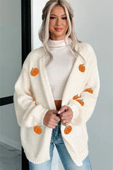 White Pumpkin Print Open Front Drop Shoulder Knit Cardigan