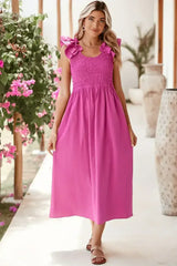 Rose Red Crinkled Ruffle Strap Smocked Midi Dress - Femstylo