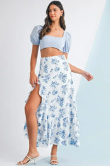 Sky Blue Boho Floral High Waist Ruffle Split Maxi Skirt - Femstylo