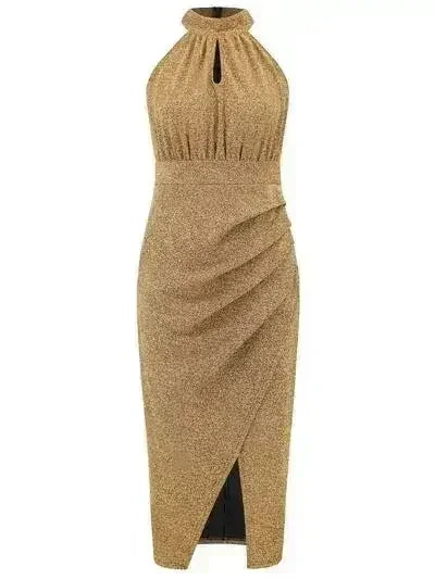 Slit Ruched Mock Neck Sleeveless Dress - Femstylo