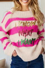 Rose Red I KNOW WAHT I WAT Sequin Letter Graphic Colorblock Loose Sweater