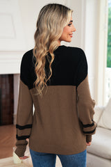 Dark Brown Colorblock Striped Sleeve Detail Knit Sweater
