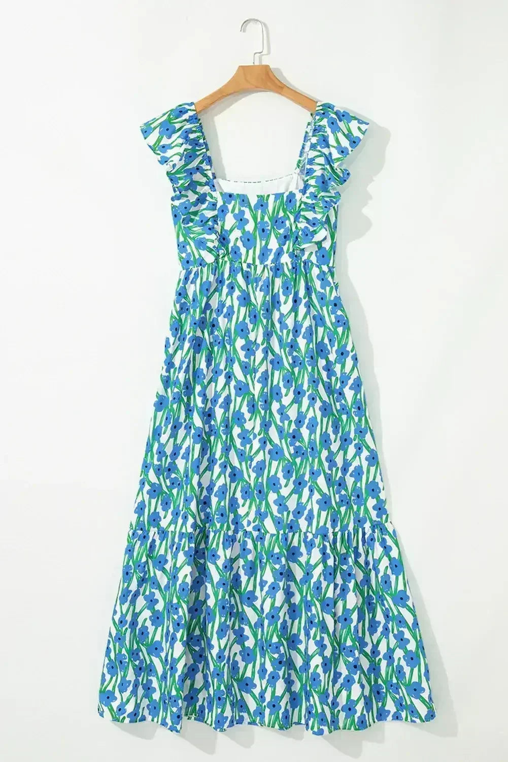 Pink Floral Print Square Neck Ruffled Strap Maxi Dress - Femstylo