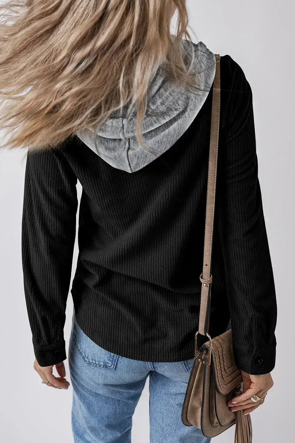 Black Hooded Drawstring Pockets Corduroy Shacket - Femstylo