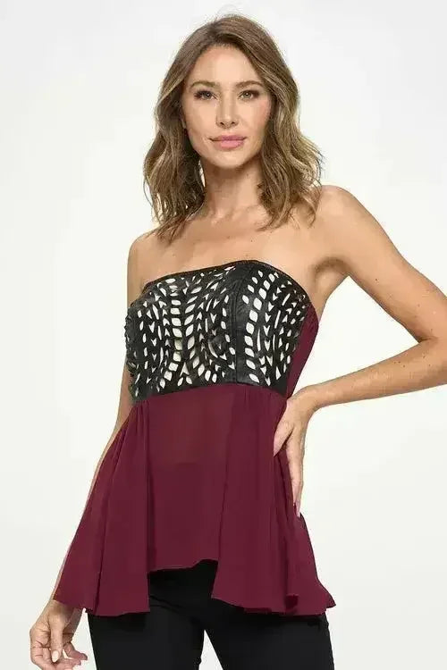 Strapless Laser-Cut Chiffon Peplum Top for Women - Femstylo