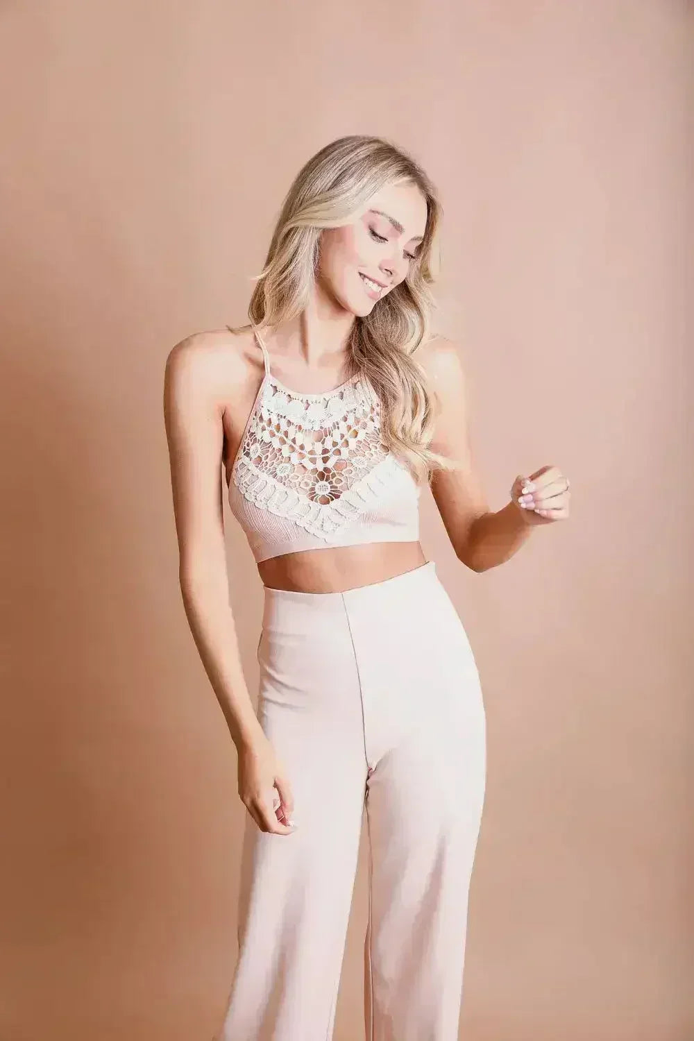 Crochet Lace High Neck Bralette – Halter Style with Cross-Back - Femstylo