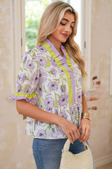 Purple Floral Print Ruffle Pop of Color Neckline Blouse