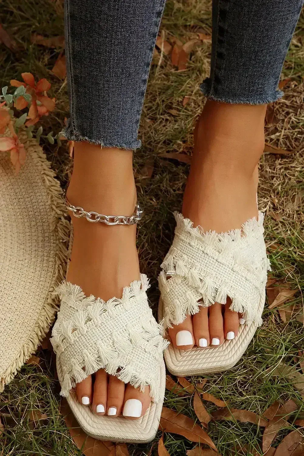 Beige Tassel Woven Crossed Straps Flat Slides Shoes - Femstylo