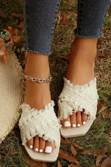 Beige Tassel Woven Crossed Straps Flat Slides Shoes - Femstylo