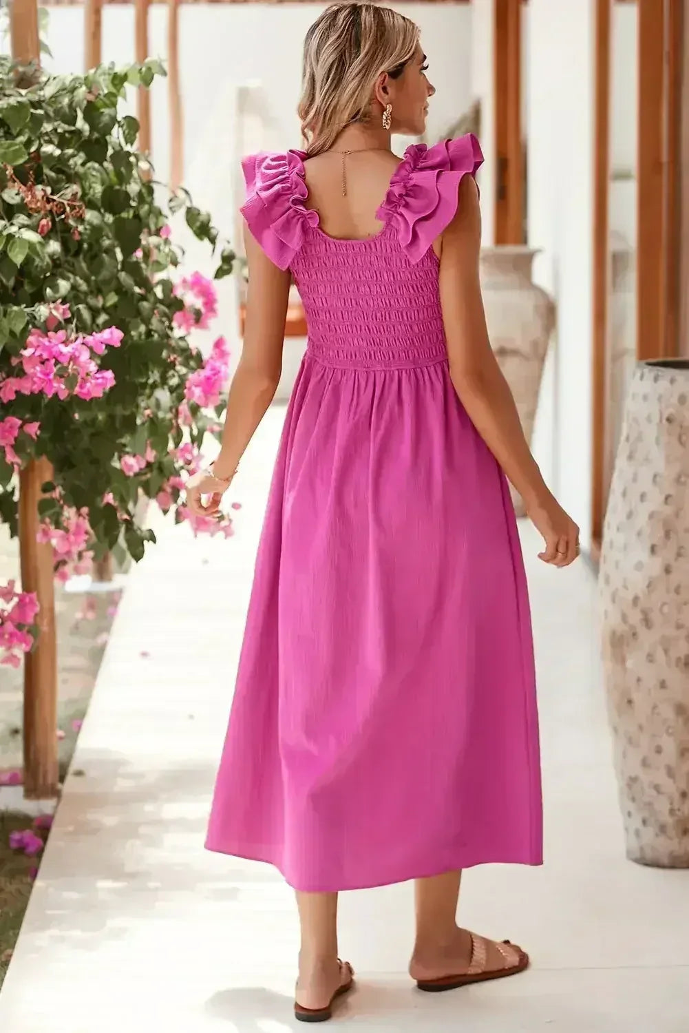 Rose Red Crinkled Ruffle Strap Smocked Midi Dress - Femstylo