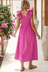 Rose Red Crinkled Ruffle Strap Smocked Midi Dress - Femstylo