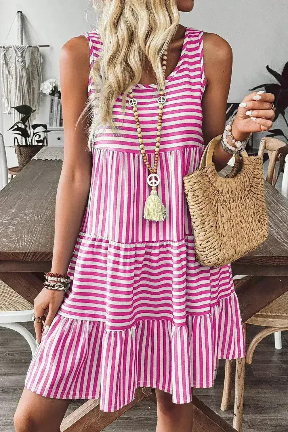 Black Stripe U Neck Sleeveless Loose Fit Mini Dress - Femstylo