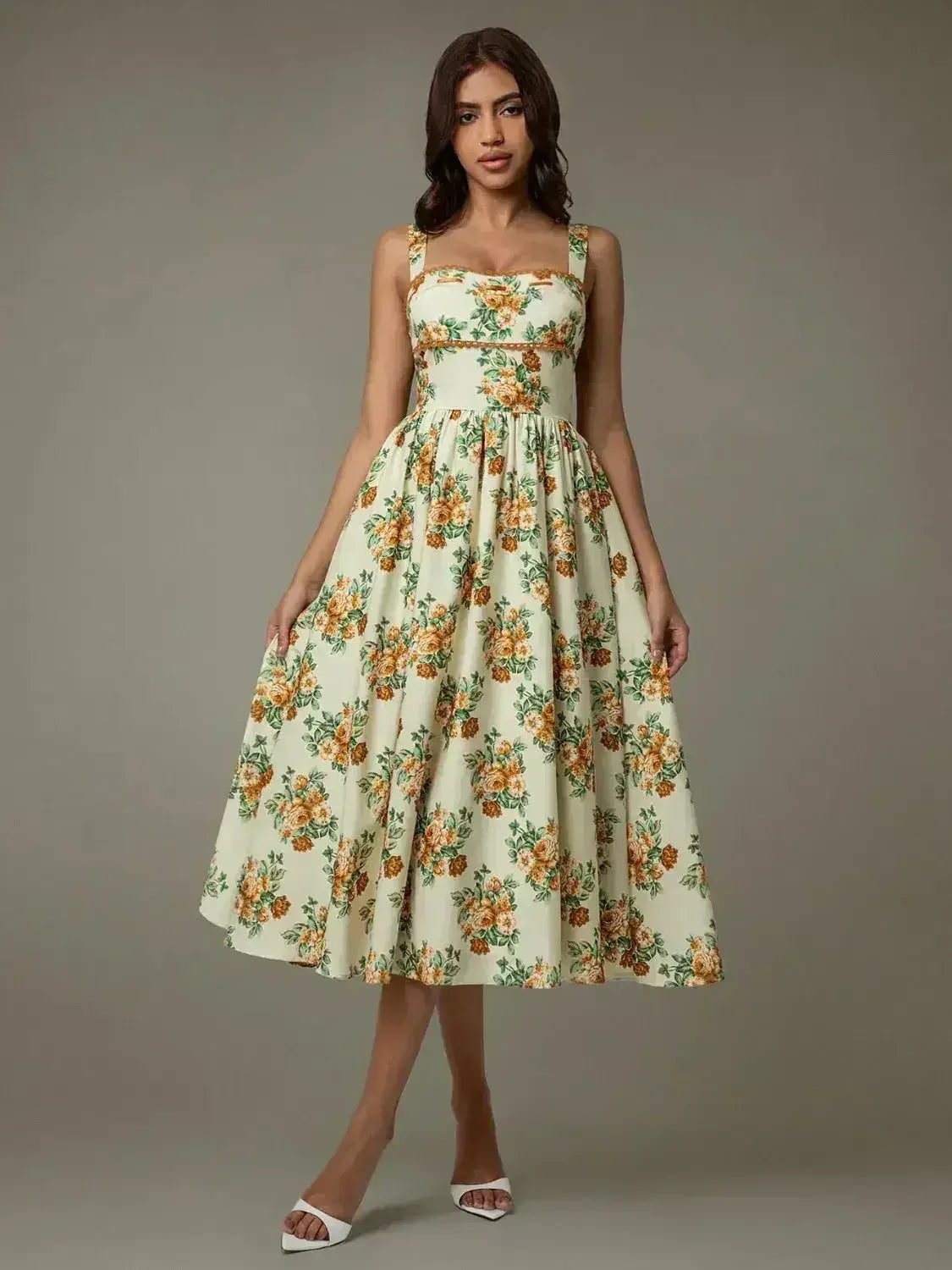 Lace Trim Floral Sleeveless Midi Dress - Femstylo