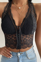Black Scallop Trim Lace-up Backless Floral Lace Bralette Crop Top - Femstylo