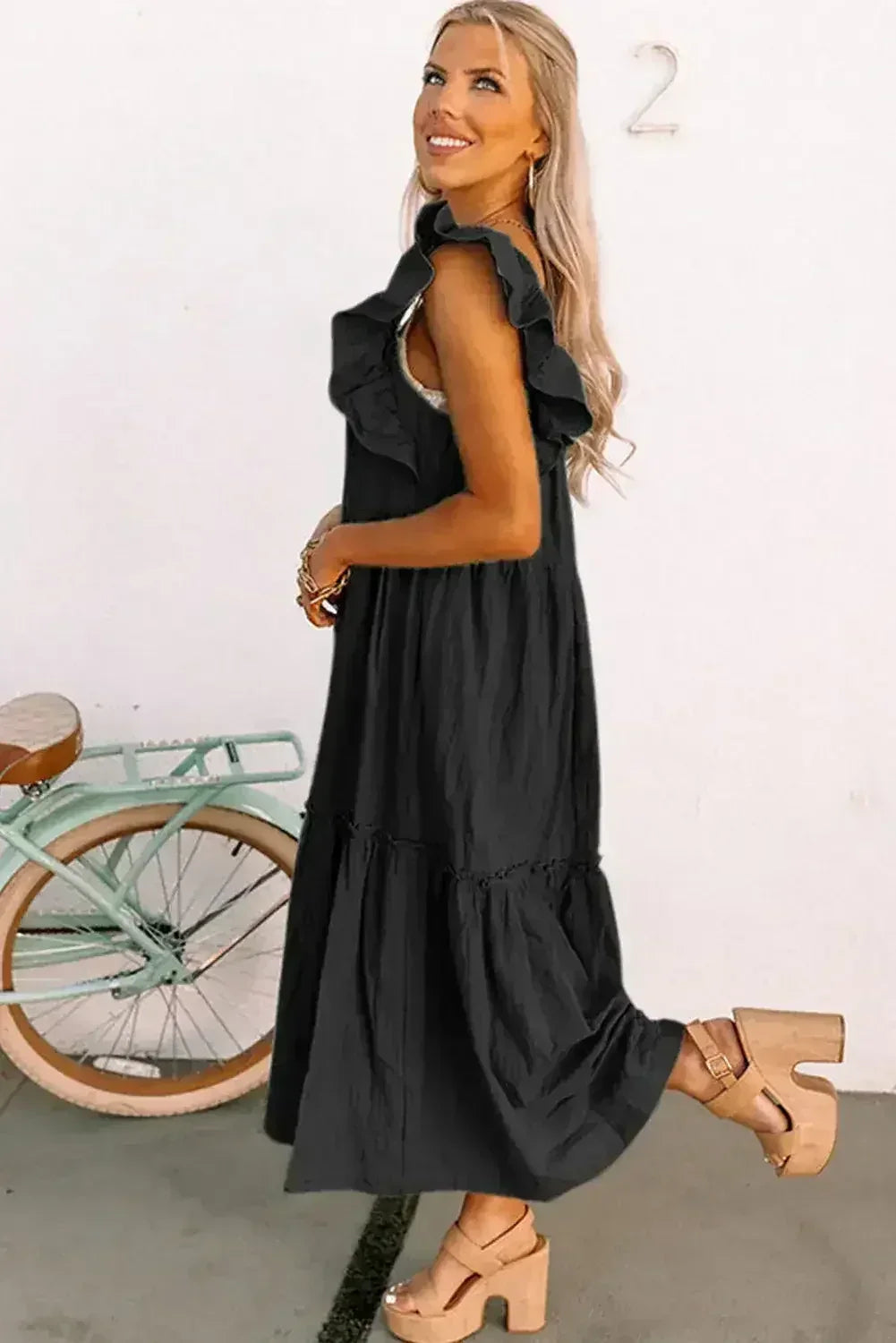 Purple Ruffled Flutter Sleeve Square Neck Textured Tiered Maxi Dress - Femstylo