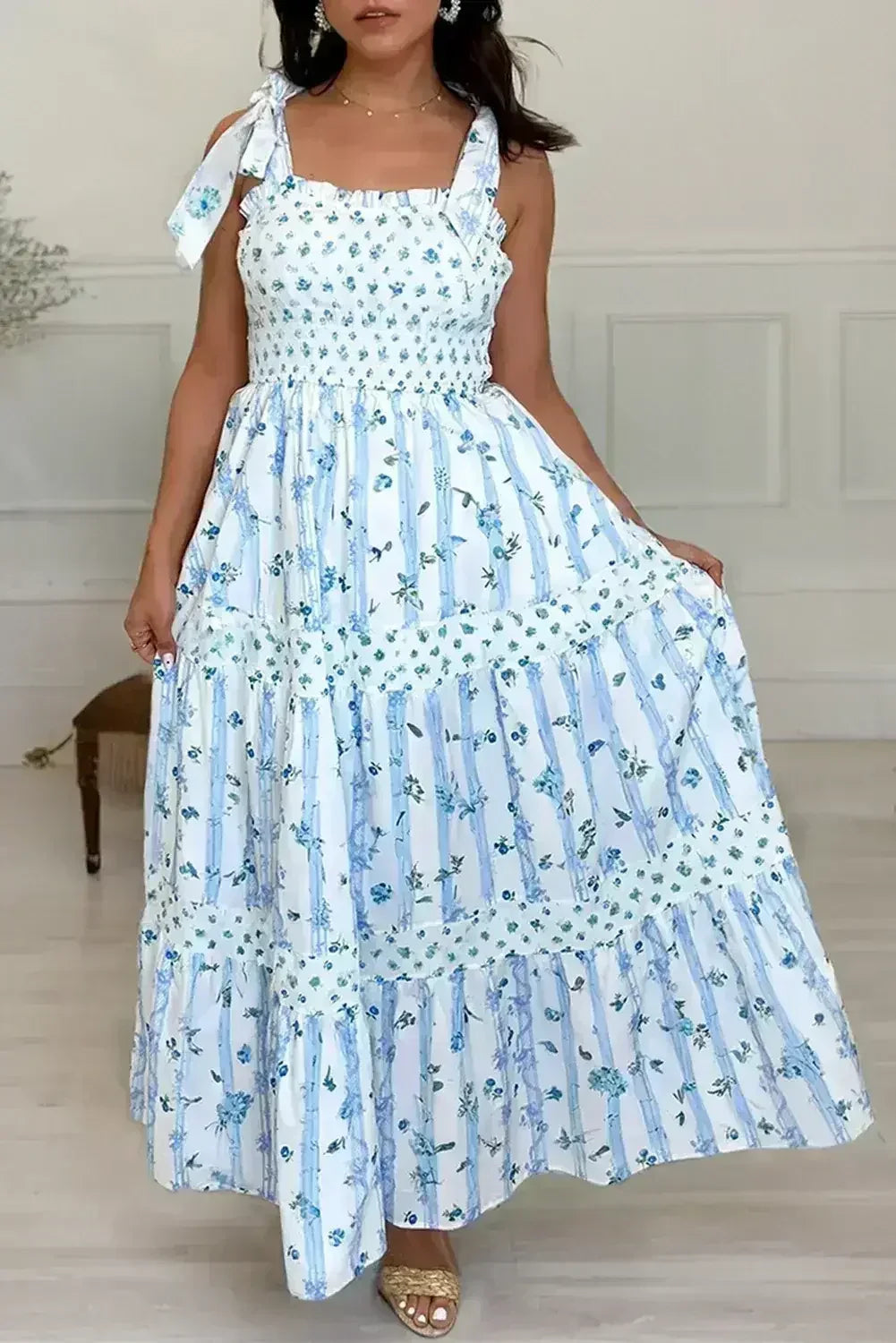 Sky Blue Floral Smocked A-Line Tie Straps Maxi Dress - Femstylo