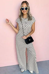 Khaki Checkered Print Buttoned Crew Neck Wide Leg Jumpsuit - Femstylo
