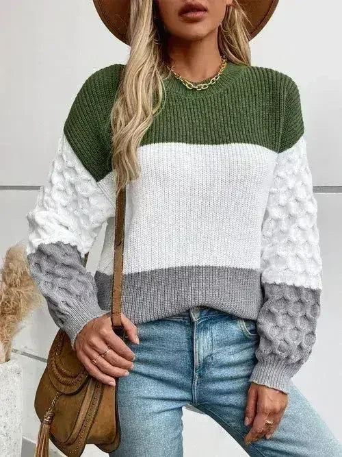 Color Block Round Neck Long Sleeve Sweater - Femstylo