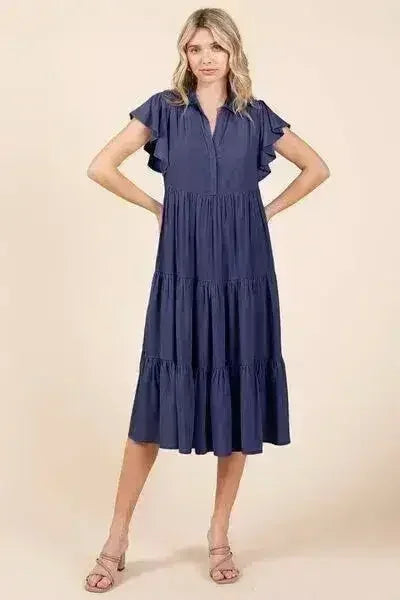 Mittoshop Ruffle Sleeve Collared V Neck Tiered Midi Dress - Femstylo