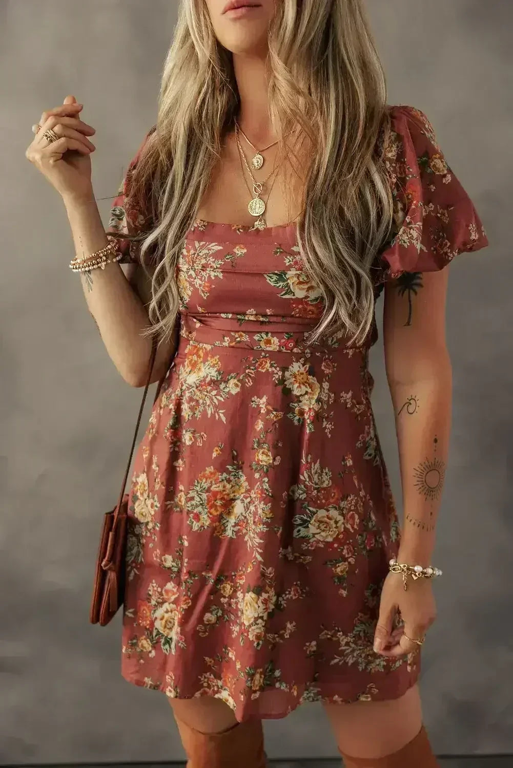 Red Floral Puff Sleeve Square Neck Knot Open Back Mini Dress - Femstylo