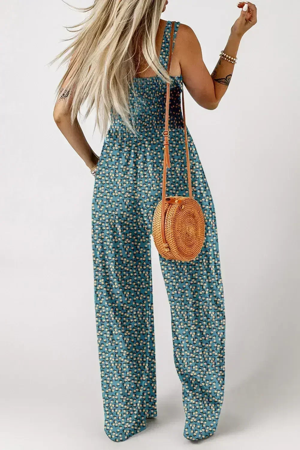 Purple Floral Square Neckline Stretch High Waist Jumpsuit - Femstylo