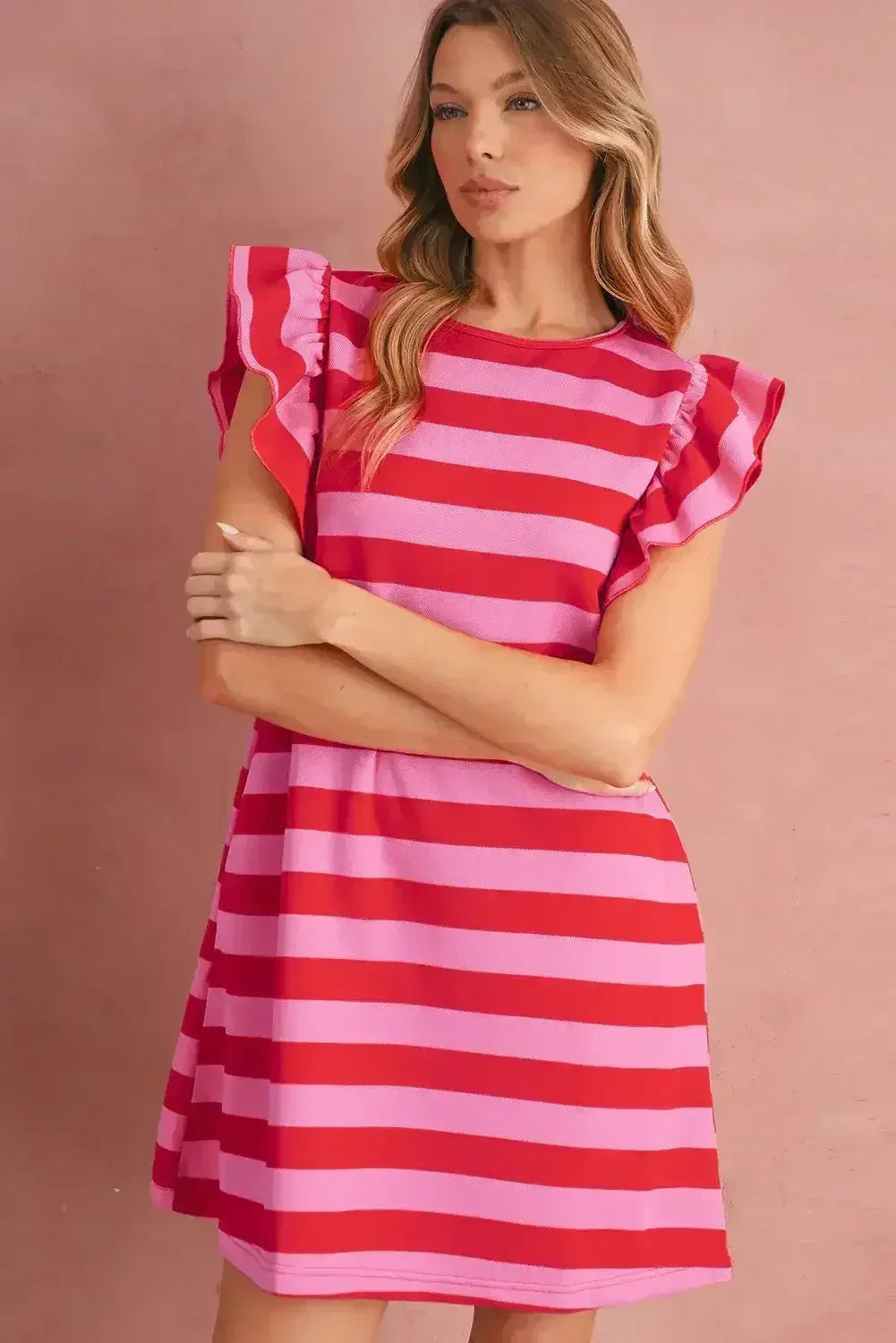 Black Stripe Flutter Sleeve Round Neck Shift Mini Dress - Femstylo