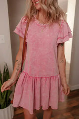Sachet Pink Mineral Wash Raw Edge Ruffle Mini Dress - Femstylo