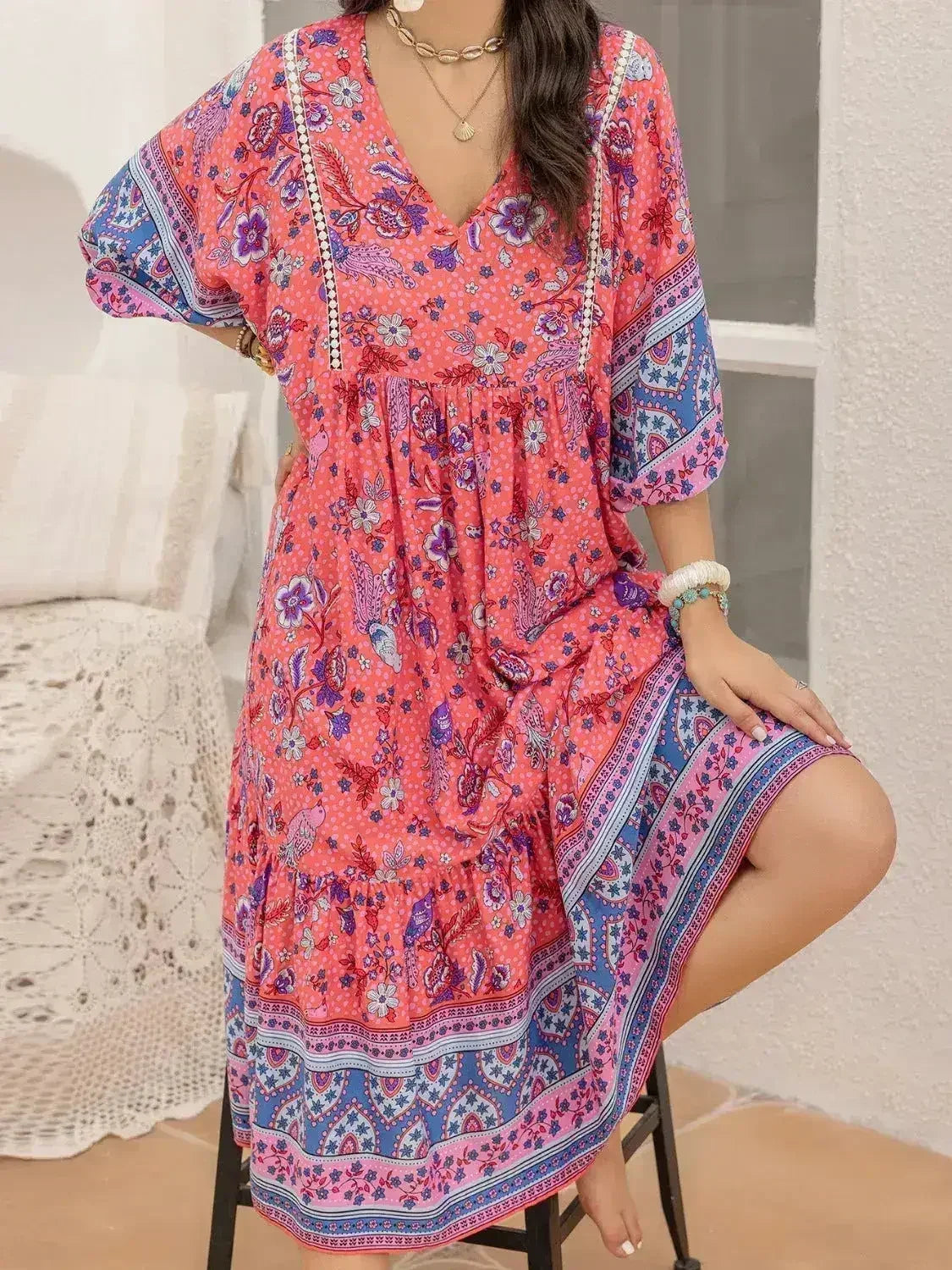 Printed Puff Sleeve Midi Dress - Femstylo